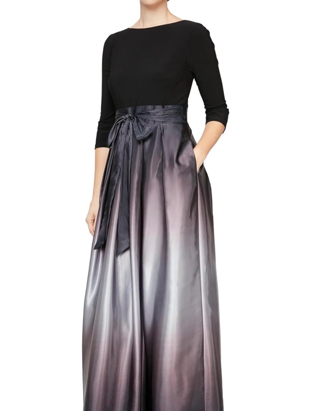 NWT SLNY Formal Black to Silver Ombre Satin Maxi Skirt w Tie Waist & pockets, 8P